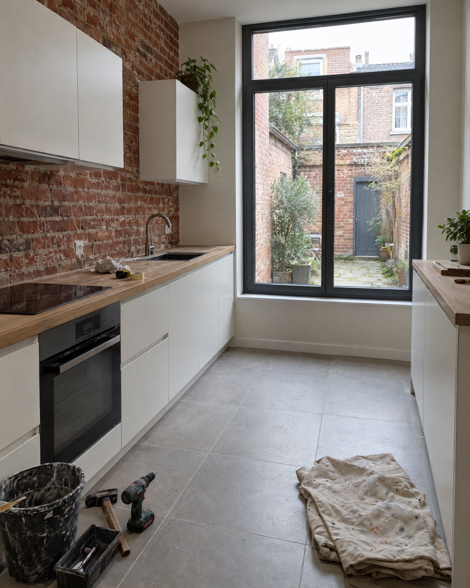 Cuisine rénovée dans une maison en brique, derniers outils encore au sol